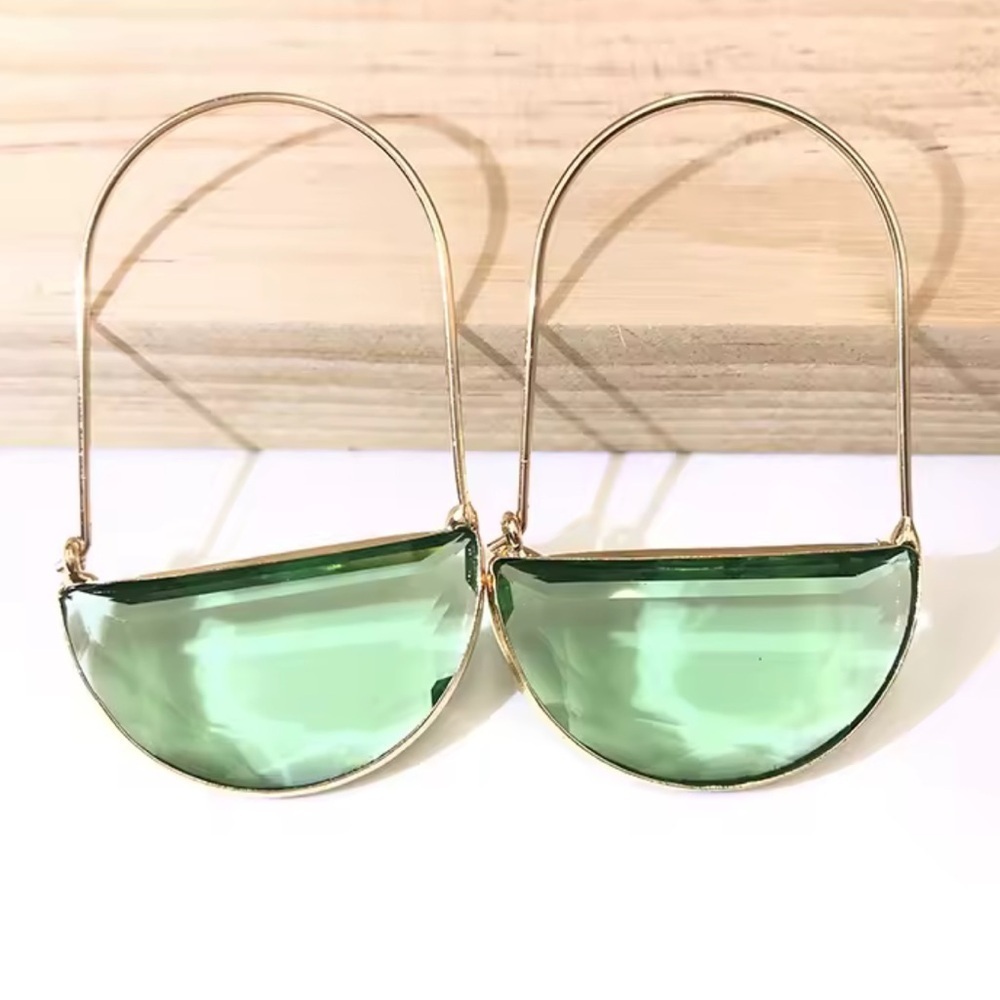 Anthropologie Light Green Glass Crescent Hoop Gold Earrings - Picture 3 of 6